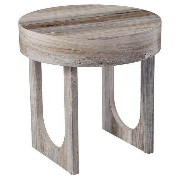 Maklaine Contemporary Round Wood-Faux Marble End Table in Brown