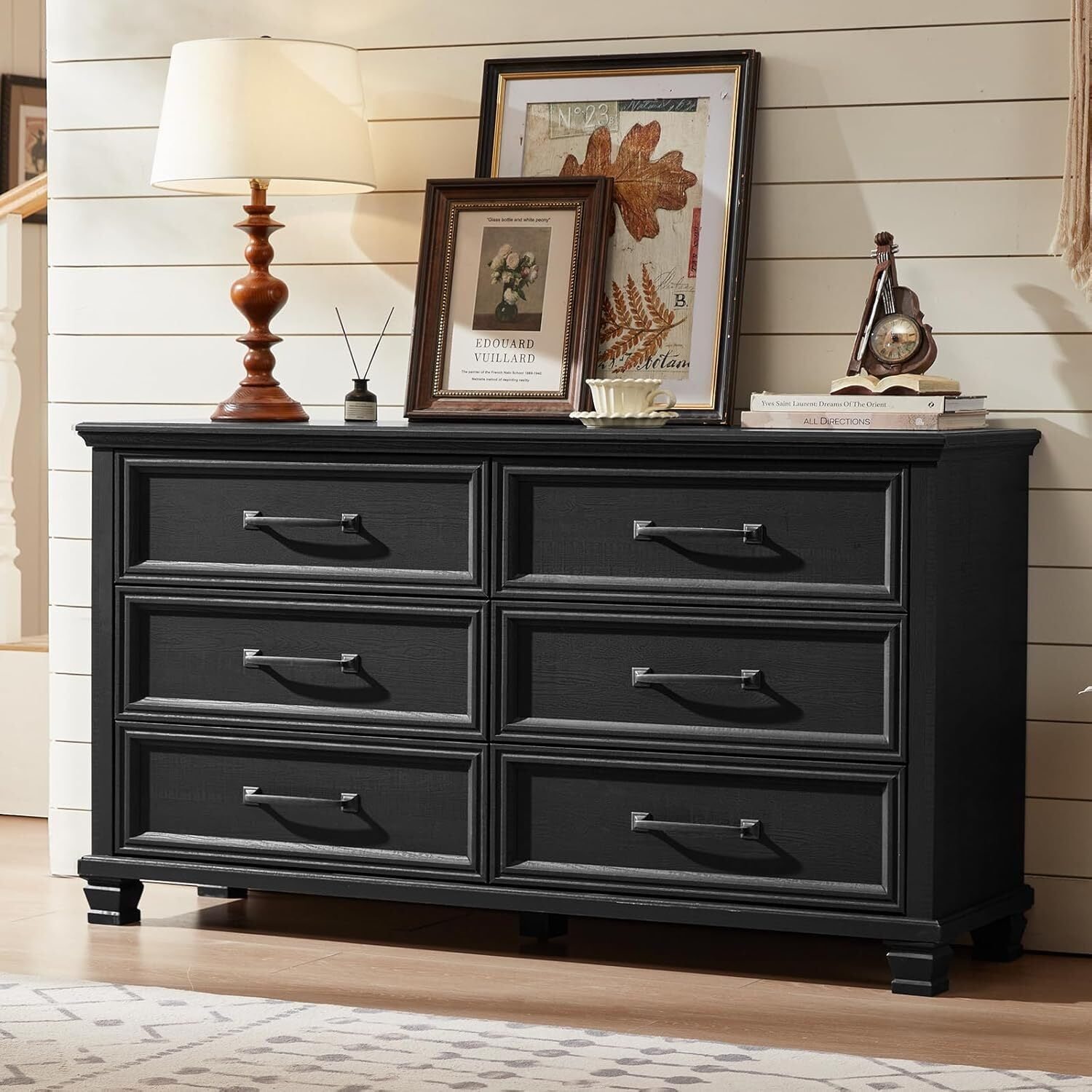 LELELINKY 6 Drawer Dresser for Bedroom, Chest of Drawers Wood Storage Cabinet for Living Room, Black