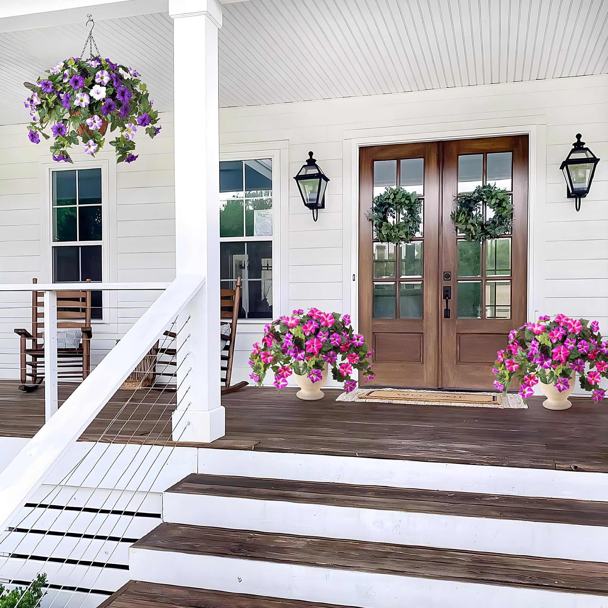Artificial Fake Flowers Plants for Spring Summer Decoration,2 Pcs No Fade Faux Petunias,UV Resistant Realistic Silk Flowers,for Home Garden Balcony Yard Porch Deco