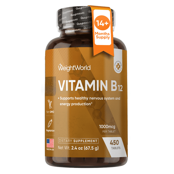 WeightWorld Vitamin B12 Methylcobalamin Tablets 1000 mcg, Energy & Nervous System Support, Vegetarian, 450 Count