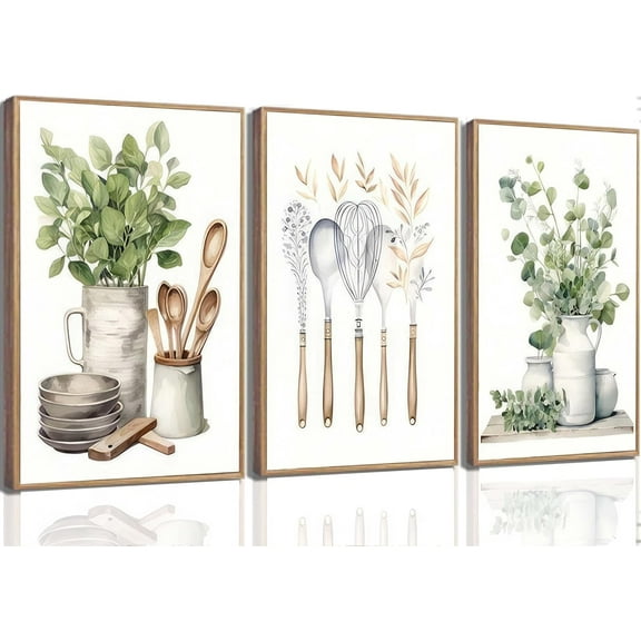 3 Pcs Sage Green Farmhouse Kitchen Canvas Wall Art Minimalist Dining Room Eucalyptus leaves plant Painting Pictures Wall Decor Poster Print Artwork For Dining Room kitchen Home Decoration