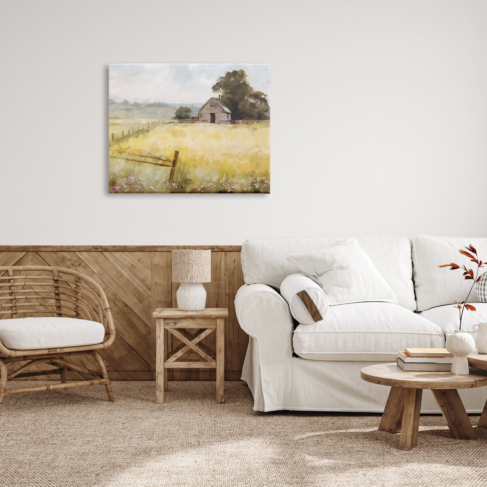 Stupell Industries Distant Barn Country Fence Landscape Painting Gallery Wrapped Canvas Art Print Wall Art, 40 x 30