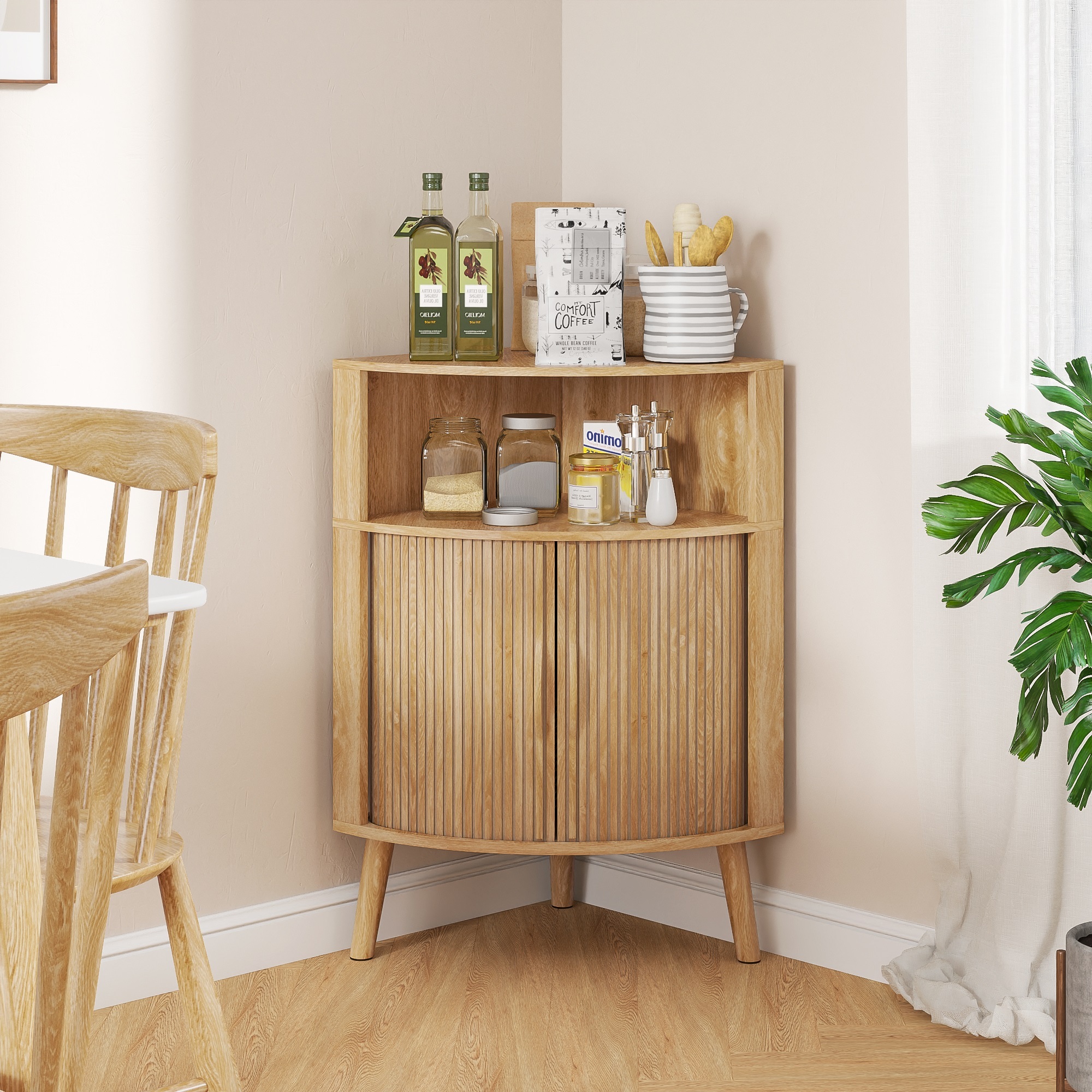 Bathroom Corner Storage Cabinet with Sliding Doors, Freestanding Floor Cabinet with Open Shelves for Kitchen, Living Room