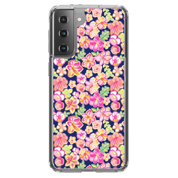 DistinctInk Clear Shockproof Hybrid Case for Galaxy S21  PLUS 5G (6.7" Screen) - TPU Bumper, Acrylic Back, Tempered Glass Screen Protector - Preppy Pattern - Pink Green Navy Flowers Floral