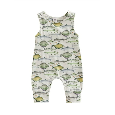 

Newborn Baby Girls Boys Summer Casual Jumpsuit Sleeveless O Neck Dinosaur/Fish Print Romper White Fish 3-6 Months