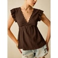 thumbnail image 3 of Women'S Lace Trimmed V Neck Ruffled Sleeve Flared Eyelet Tank Blouse Top Coffee Color S, 3 of 5