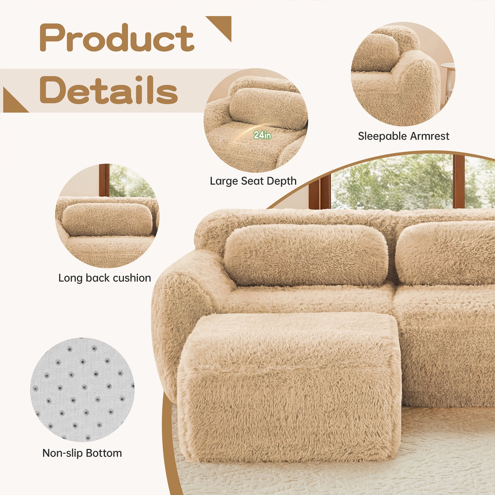 ZenNook 115" Sectional Couches for Living Room, Comfy Boneless Couch, 3 Seater Cloud Sofa, Compressed L Shaped Couch with Ottoman, Modern Modular Sectional, Plush Floor Sofa, No Assembly (Camel)