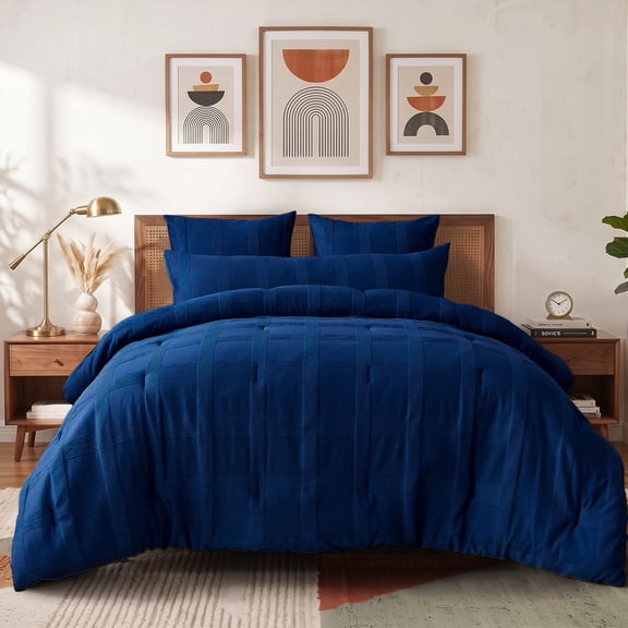 Regency Heights Full/Queen Size Comforter Set – Navy Blue Striped Woven Bedding, 4-Piece Bed set with Body Pillow Sham, Machine Washable for All Seasons