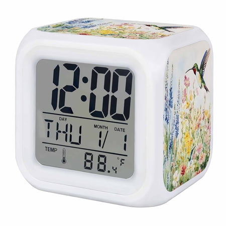 Floral Hummingbird Digital Alarm Clock for Bedrooms, Smart LED Alarm Clock with 7 Color Changing Night Light, Spring Watercolor Flowers Silent Wake Up Clocks for Sleep Study Cooking 3.2x3.2