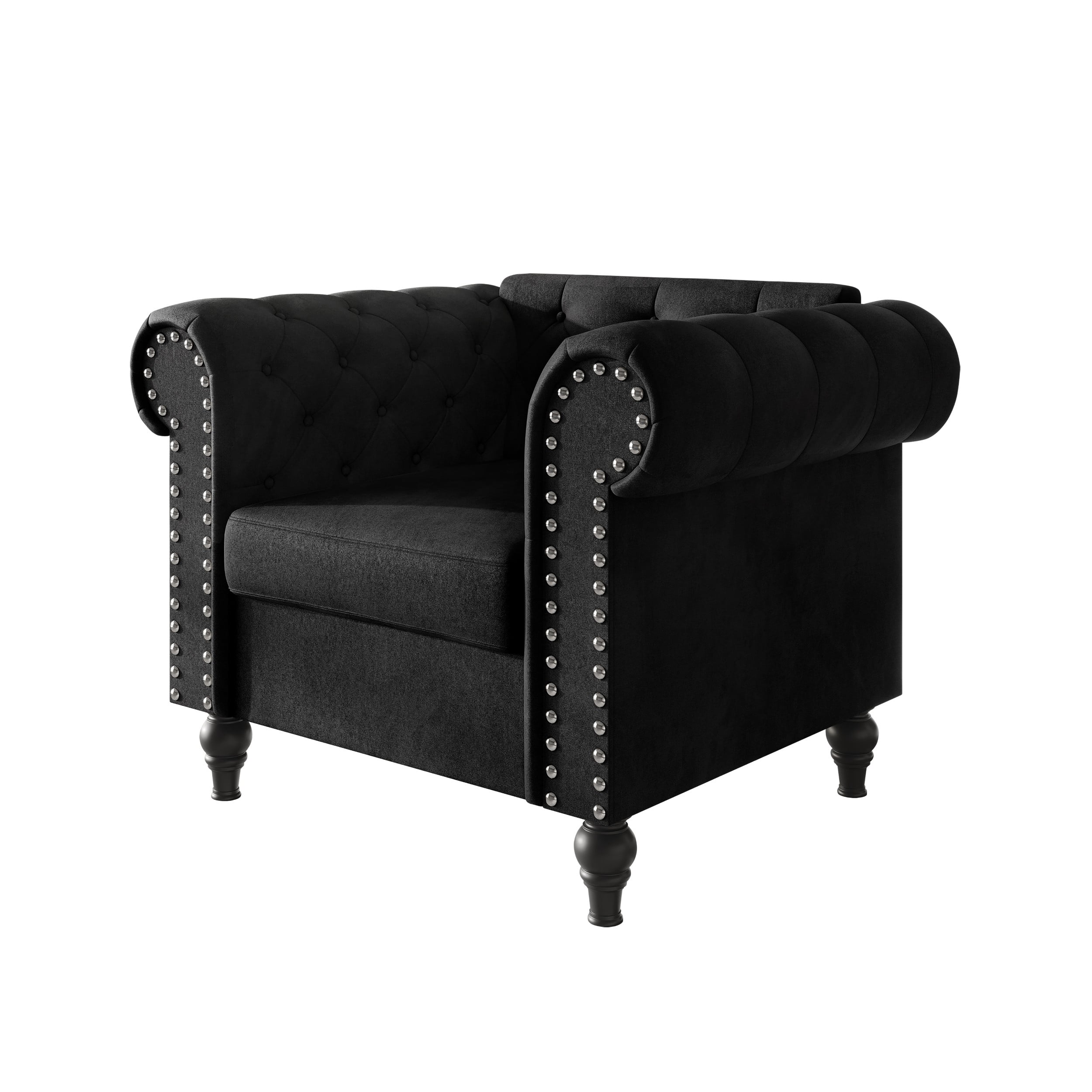Home Design Kelso 3-Piece Velvet Living Room Set With Rolled Arm Chair, Loveseat and Sofa, Deep Button Tufting and Turned Legs, Black