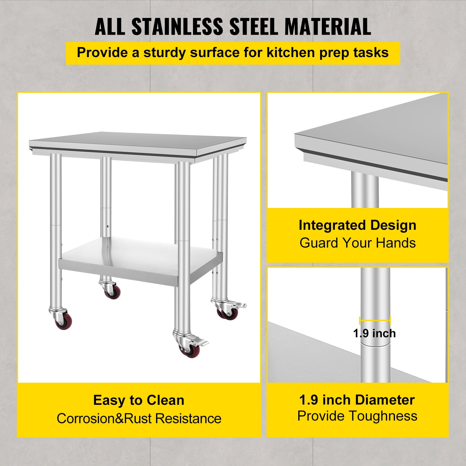 VEVOR Superior Stainless Steel Work Table with Wheels 30x24inch Food Prep Utility Work Station, Adjustable Undershelf, Easy to Install