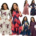 thumbnail image 2 of Robe d'Été Vintage pour Femme, Ligne A, Élégante, Imprimé Floral, Taille Haute, Manches Longues, Robe Soleil, Col Rond, Soirée, Grande Taille, 2 of 3