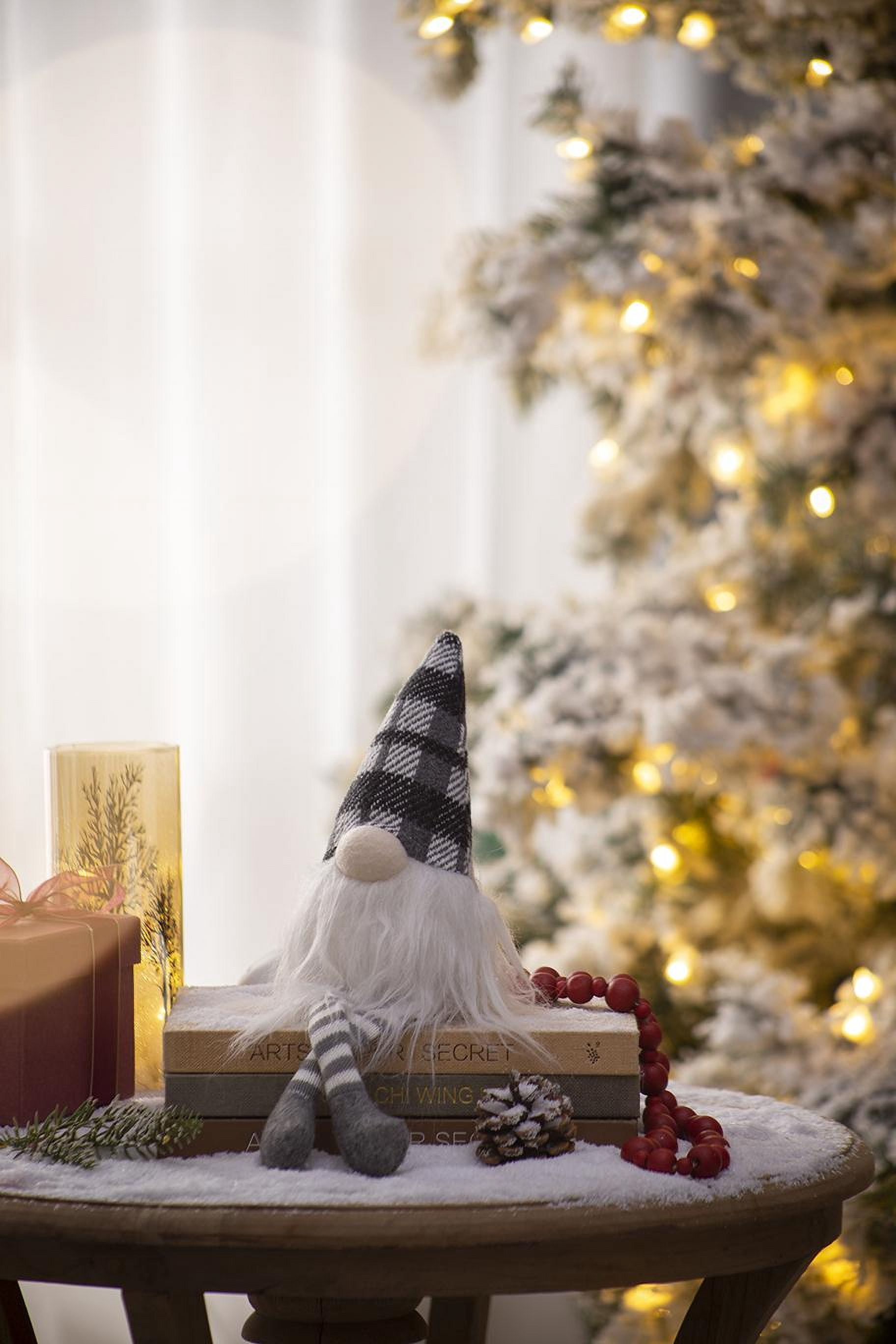Festive Minimalist Gnome Figurine Set White Beard Gray Plaid Hat Long Legs Tabletop Mantel Dining Room Seasonal Vignette Decoration