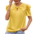 thumbnail image 1 of Top casual de mujer de moda de color puro con lazo grande y cuello en V de manga corta abombada para citas, 1 of 6