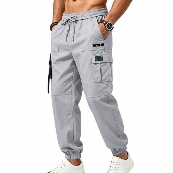 Zekutng Cargo Pants for Men Strap Decor Small Label Drawstring Tapered Jogger Pants,Sizes S-3XL