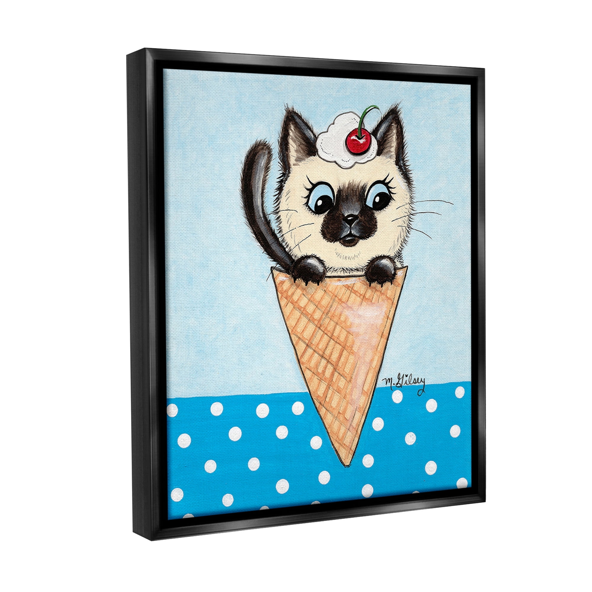 Stupell Industries Kitten Sundae Cone Animals & Insects Painting Black Floater Framed Canvas Art Print Wall Art, 17 x 21
