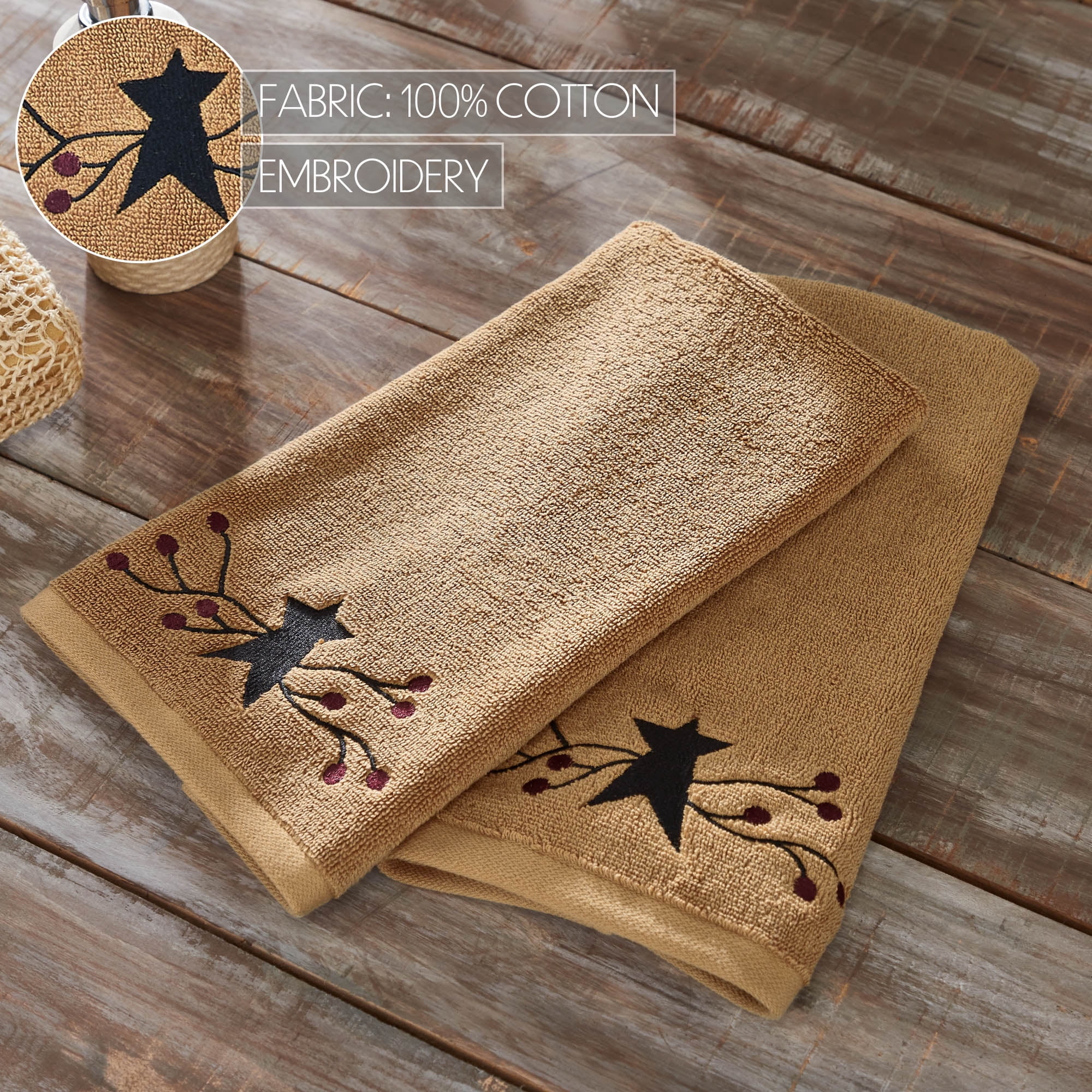 VHC Brands Cotton Hand Towels Set of 2 Bathroom Hand Towel Embroidered Bath Kitchen Pip Vinestar Collection Rectangle 16x26 Primitive Star Natural