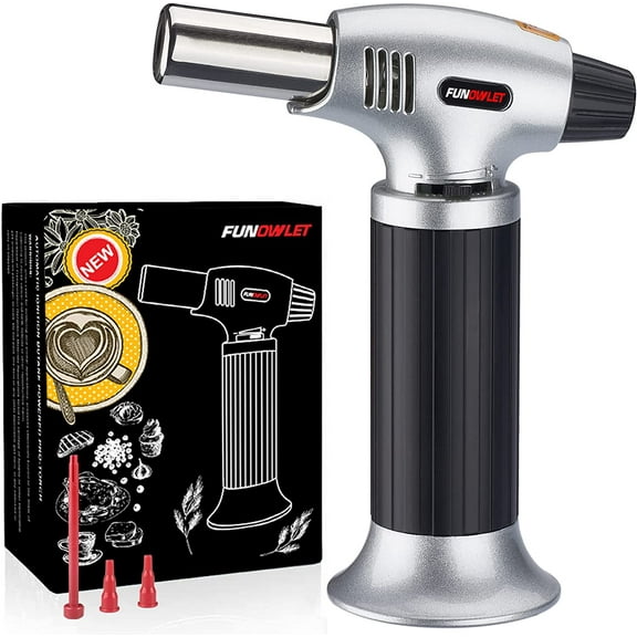 Butane Torch Lighter, Refillable Kitchen Blow Lighters, Culinary Cooking Torches with Safety Lock and Adjustable Flame for Desserts, Creme Brulee, BBQ, and Baking - Butane Gas Not Included
