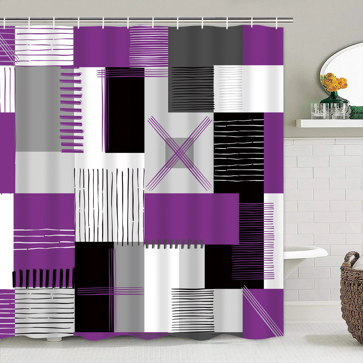 All Smiles 4-Piece Bathroom Sets Shower Curtain Set with Non-Slip Rug and Toilet Lid Cover,Purple