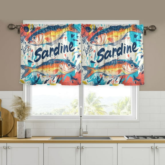 Yayeee Kitchen Curtains Set of 2 Light Filtering 57"x24" Over Sink Window Panels, Yellow Sardines Pattern