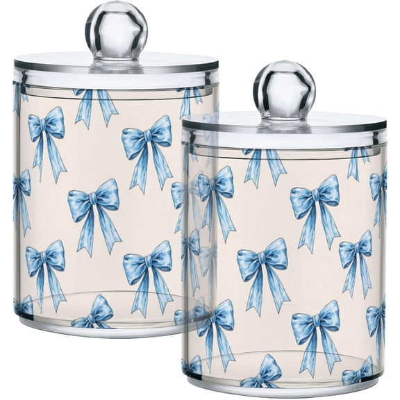 2 Pack Qtip Holder Clear Cute Blue Bows Apothecary Jars with Lids Acrylic Bathroom Jars Vanity Countertop Canister Storage Organizer for Cotton Ball,Swabs,Pads,Floss