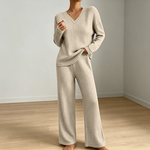 Maqroz Two Piece Outfits for Women Long Sleeve V Neck Ribbed Knit Pullover Sweaters Wide Leg Trousers Casual Fall Loungewear Matching Suits Dressy Streetwear