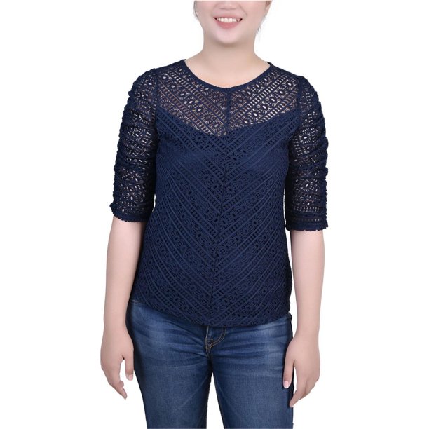 NY Collection Womens Lace Knit Blouse, navy, Petite, PL