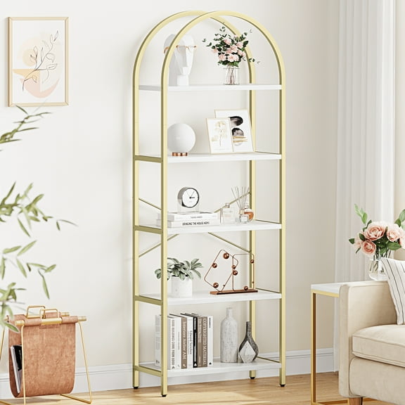 Arched Bookshelf 71" Tall - Modern 4-Tier Industrial Open Bookcase - Curved Metal Frame - Freestanding Display Storage Rack for Living Room, Bedroom, Home Office - Gold and White