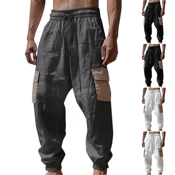 Men's Color Blocked Elastic Waist Drawstring Ankle Tie Pants, Cargo Joggers, Beach Trousers, Lightweight Quick Dry Casual Daily Summer | AESTIVO,Black L