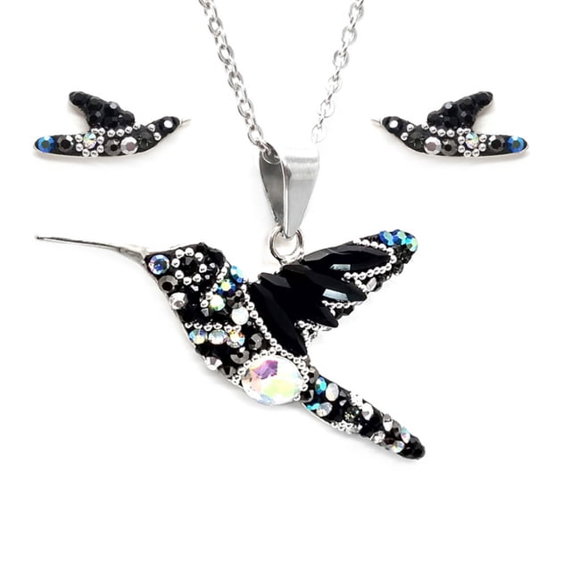 Juego de aretes y cadena con dije con forma de colibri, plata mexicana ley .925, Negro