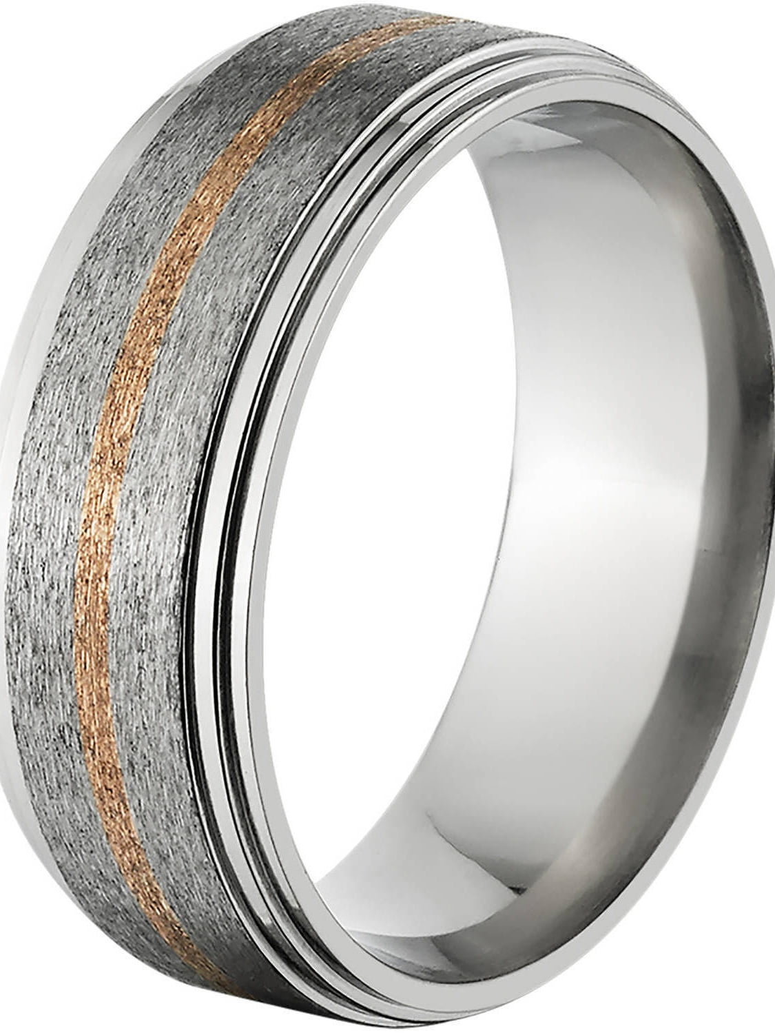 8mm Raised Center Titanium Ring with a 1mm Copper Inlay with a Stone Finish