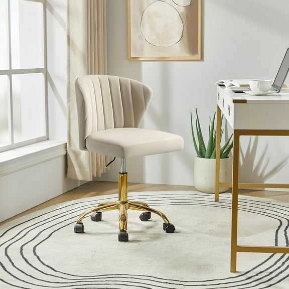 HULALA HOME Home Office Desk Chair with Gold Wheels, Small Cute Vanity Chair with Back for Bedroom, Adjustable Rolling Task Work Seat for Women/Girls, Tan