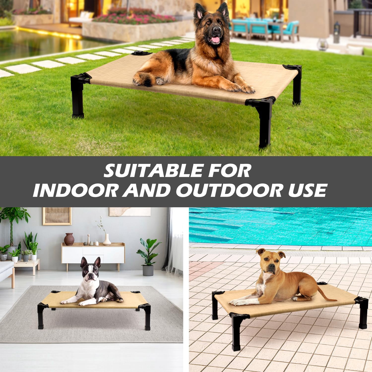 Elevated Dog Bed, Cooling Raised Bed, Portable&No-Slip for Outdoor or Indoor Use, Beige, Large, 51"L x 36"W x 9.3"H