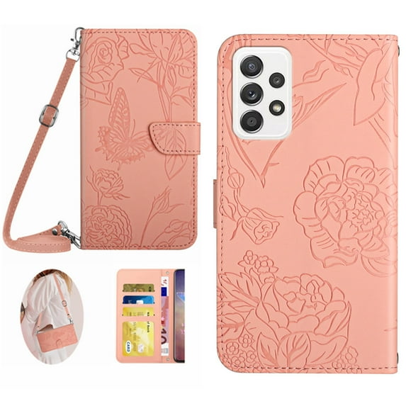 Feishell Crossbody Wallet Cover for Samsung Galaxy A23 4G,Flower & Butterfly Embossed Pattern PU Leather Magnetic Flip Stand Card Slots Shockproof Phone Case with Shoulder & Wrist Strap,Pink