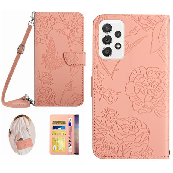 Allytech Samsung Galalxy A53 5G Phone Case Wallet, With Hand Wrist PU Leahter Butterfly Flower Embossed Flip Magnetic Closure Stand Shell Cover - Pink