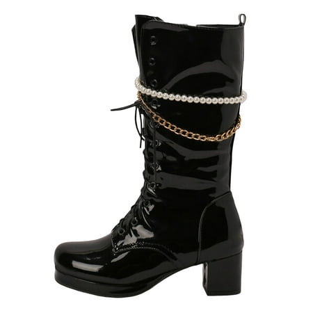 GHSOHS Cowboy Boots for Women Mid Calf Boots Fall Shoes Pearl Beaded Tassel Heel High Heel Big Size Leather Boots Mid Calf Boots Comfort Rain Boots Dress Shoes Shoes Pointed Toe Boots Size 42
