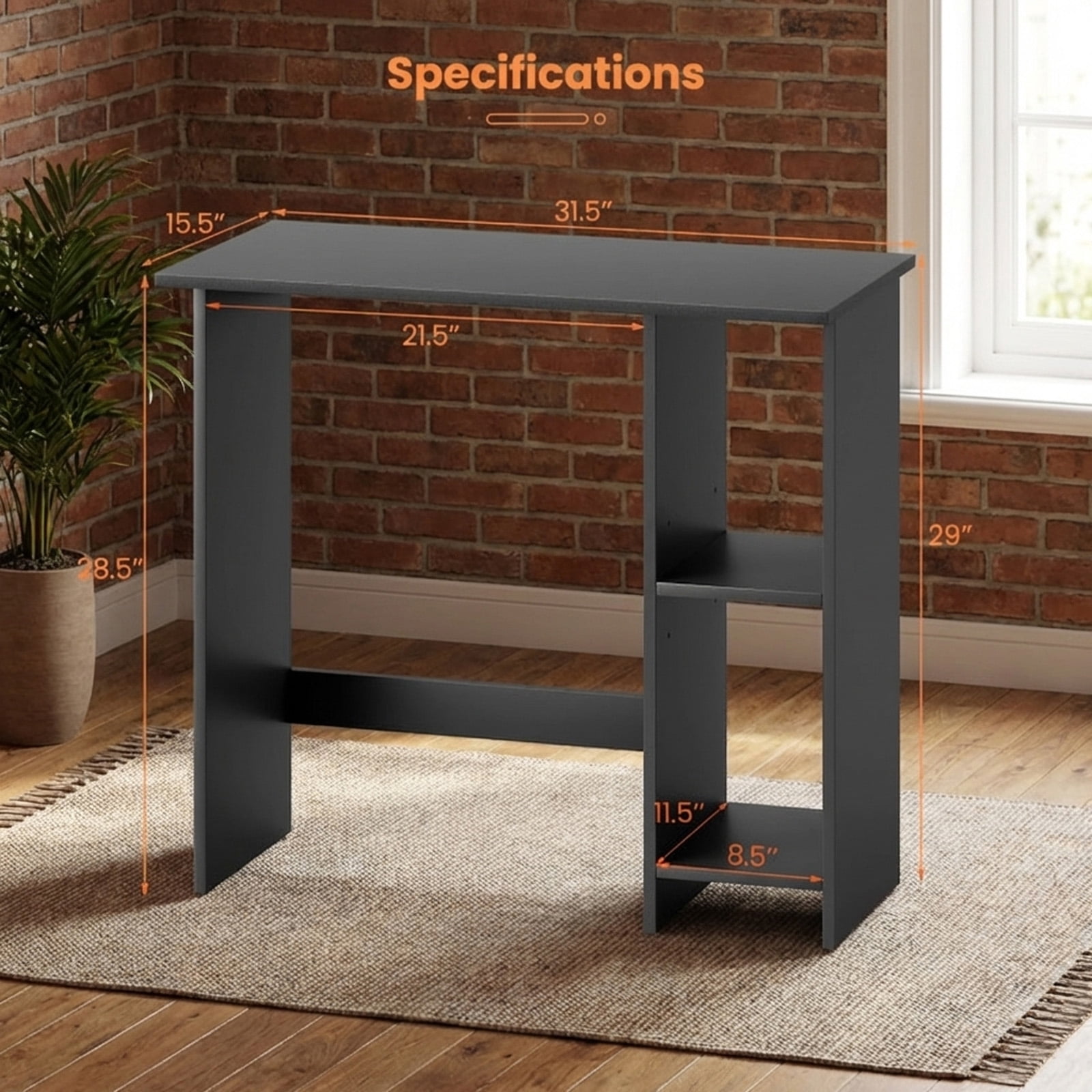 Furnibear Small Computer Writing Desk with 3-Position Adjustable Storage Shelf, Anti-Toppling Device and Reinforced Crossbar Black