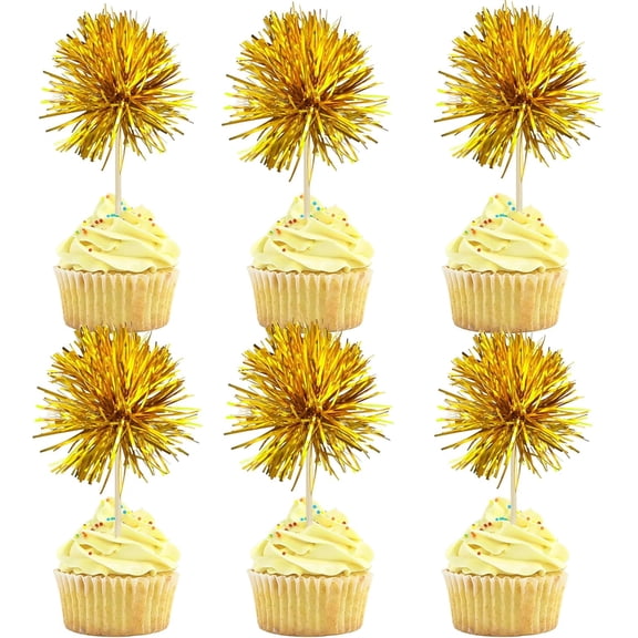 30Pcs Foil Firework Cupcake Toppers Sparkle Tinsel Cake Toppers Tinsel Drink Cake Decoration Cocktail Picks for Birthday Wedding Graduation Party Supplies Dark Gold