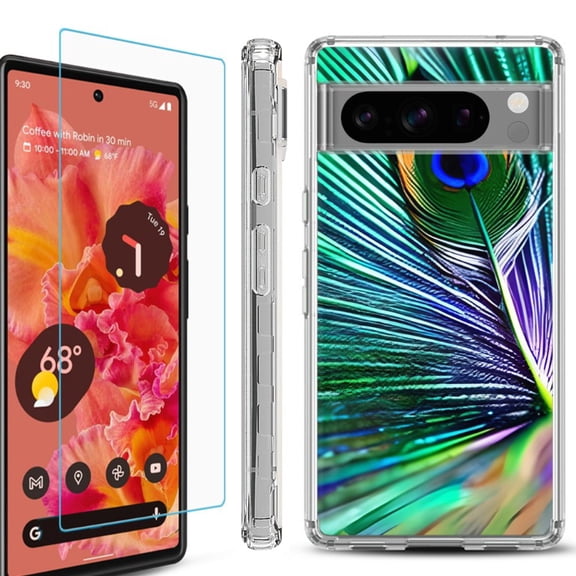 OneToughShield ® Compatible with Google Pixel 8 Pro, Shockproof Phone Case, with Tempered Glass Screen Protector - Peacock Feather