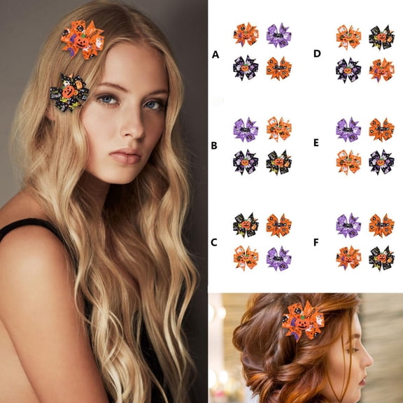Noothes Halloween Hair Bows 4 Pack, Ribbon Hair Clips Halloween Bow Clips Set Spooky Hair Accessories for Girls Halloween Party Hair Clips for Women