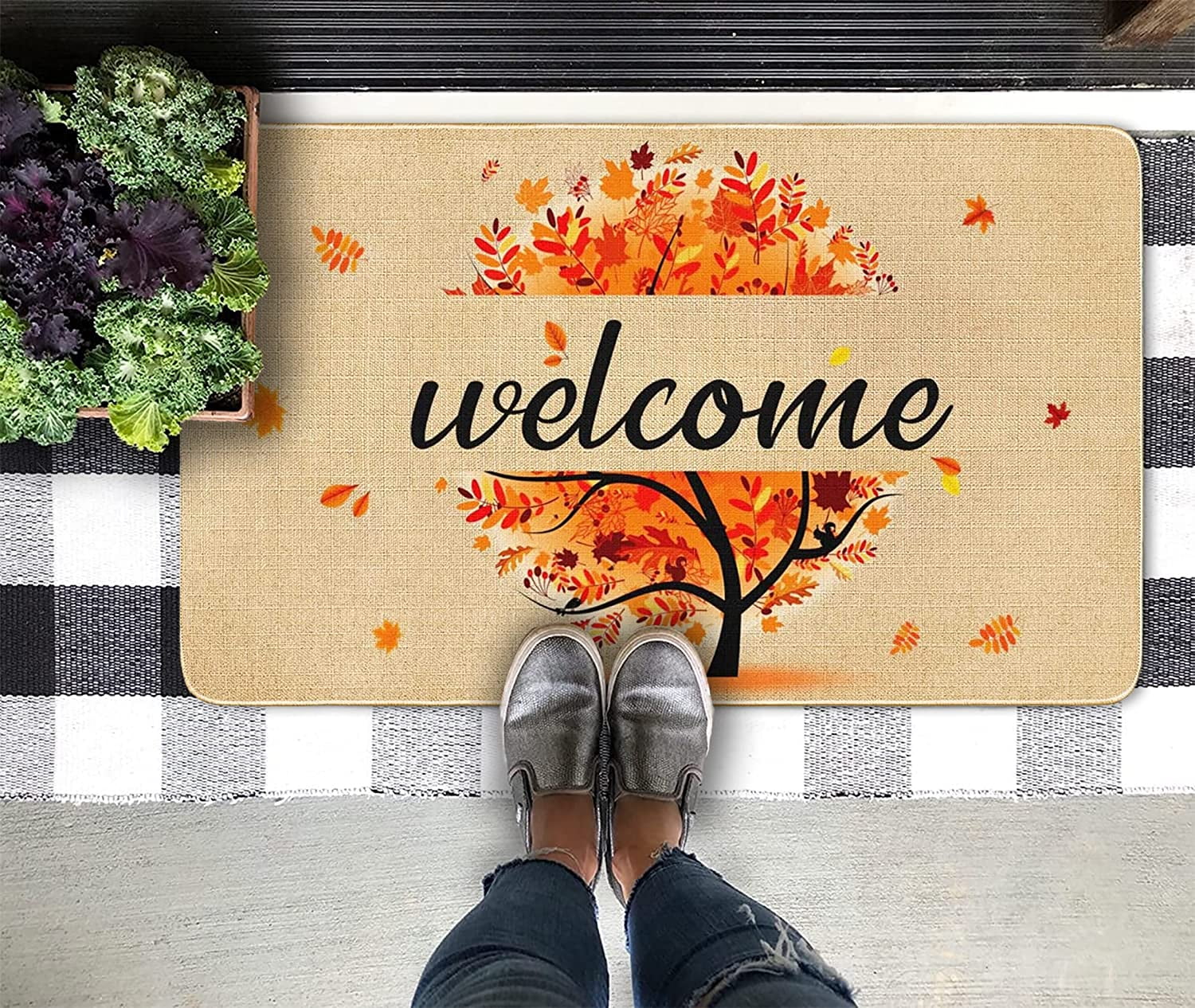 Fall Welcome Front Doormat, Orange Floral Tree Decor Floor Mat Autumn Rubber Non-Slip Reusable Entrance Door Mat Gift Indoor Decoration Supplies Home Decorations Outdoor Mats 17x30"