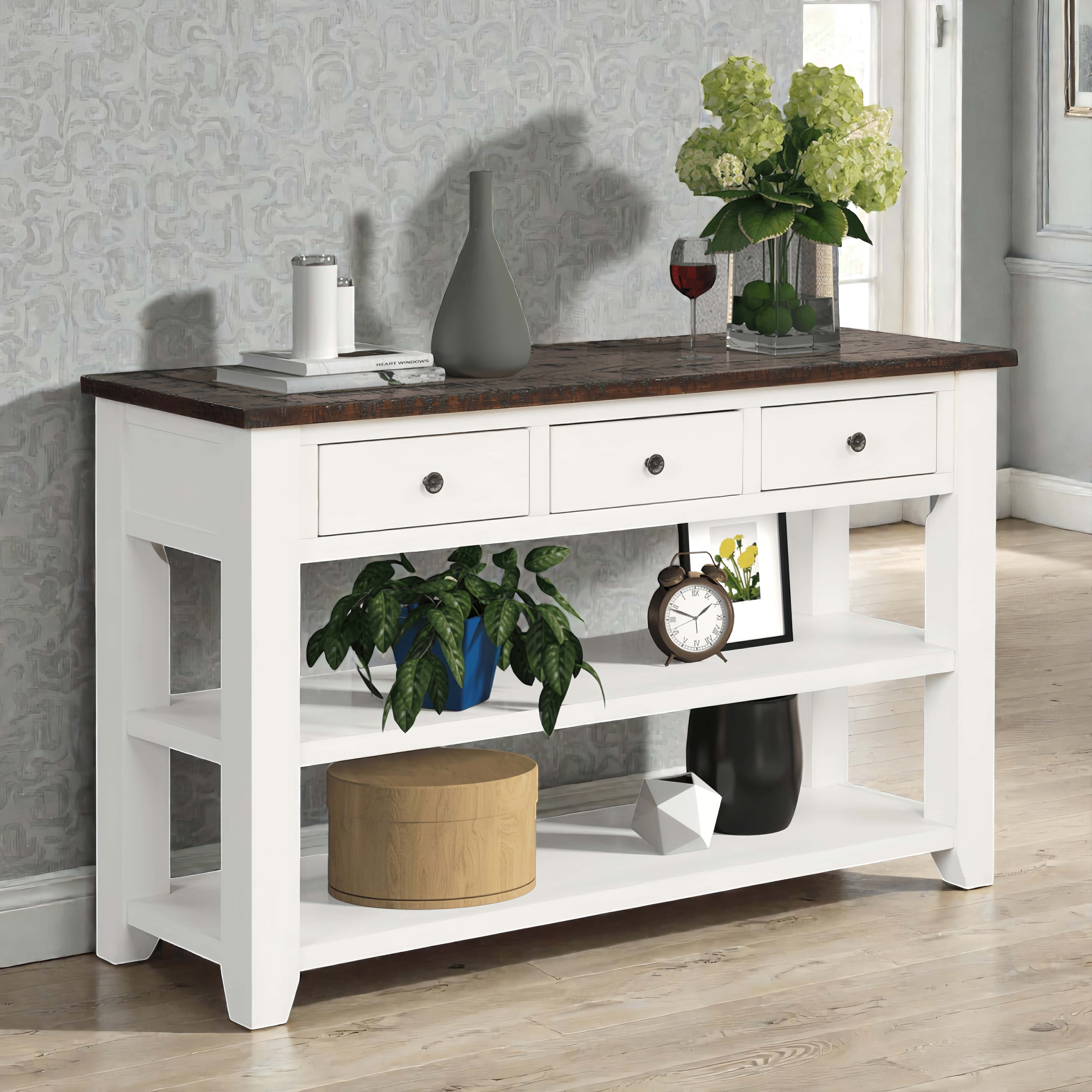 Tcbosik 48" Console Table, Entryway Table with Shelves and 3 Drawers, Sofa Table for Hallway, Foyer, Living Room, Easy Assembly, Antique White