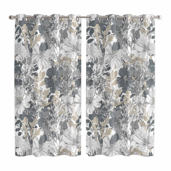 Curtains 63 Inch Length 2 Panels, Spring Botanical Grommets Window Treatment Curtain, Country Floral Leaves Gray Brown Thermal Curtains Drapes for Living Room/Bathroom