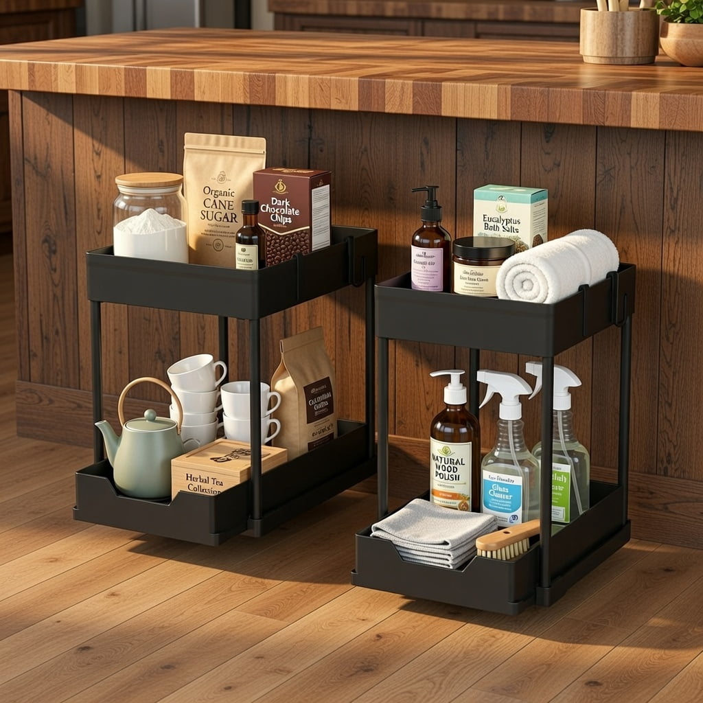2-Tier Pull-Out Cabinet Organizer Sliding Storage Shelf - Under Sink or Kitchen Cabinet Organizer with Baskets and Hooks