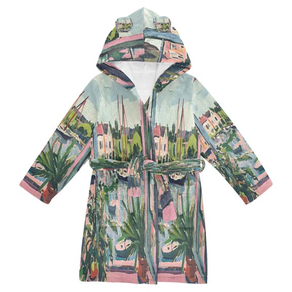 FORMRS Niños Bathrobe Unisex Hooded Robe Soft Plush Pajamas Sleepwear, Size 2-3T, Window Plants