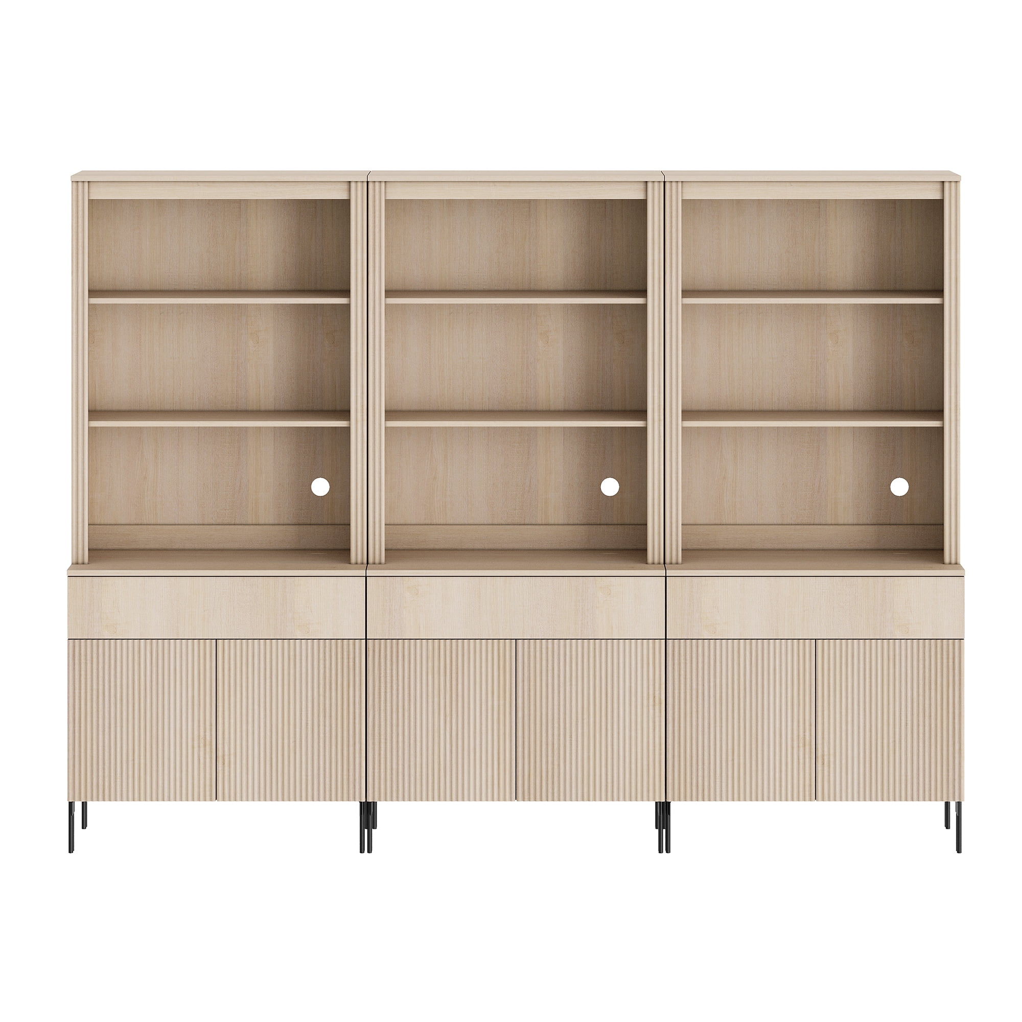 71.6"H X 94.5"W Set Of 3 Bookcase with Storage Cabinets, 15 Tier Bookshelf with Fluted Doors and Drawers, Large Modern Display Cabinet For Living Room Bedroom Home Office Kitchen