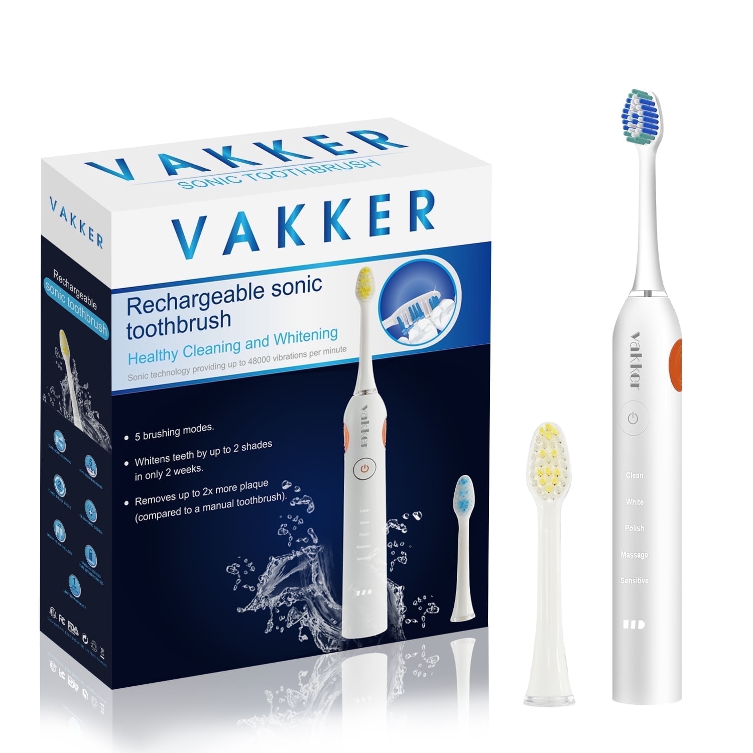 Vakker Sonic Electric Toothbrush for Adult with 6 replace Heads, Rechargeable Toothbrush with Charge Base, IPX7 Waterproof, Compatible with MySmile Toothbrush Head