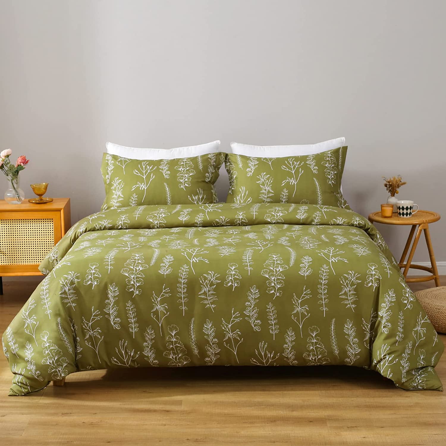 Twin Comforter Olive Green Duvet cover Set Floral Comforter Cover Set