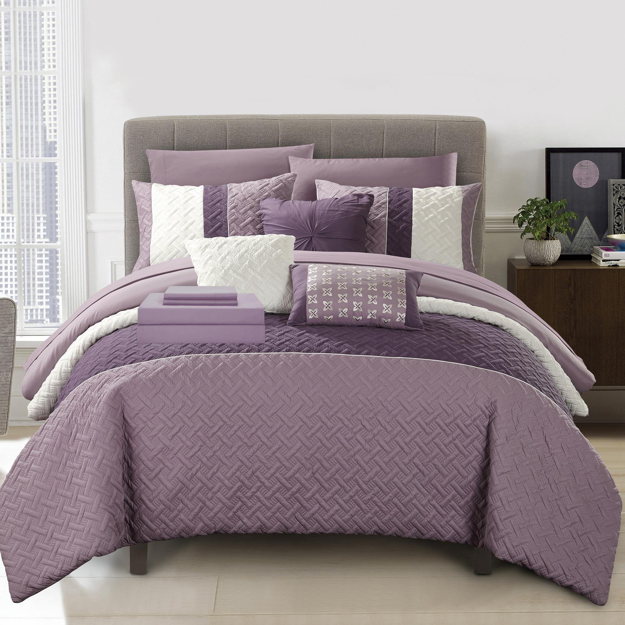 Chic Home Karras Color Block Quilted Decorative Pillows \u0026 Shams - Plum, Queen