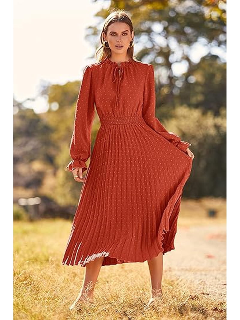 PRETTYGARDEN Women's Spring Fall Midi Dress Casual Long Sleeve V Neck Swiss  Dot Pleated A Line Flowy Dresses - Walmart.com